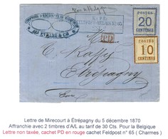 Cachet Bleu Encadré K:PR / FELDPOST-RELAIS N°65 / Als. N° 5 + 6 Sur Lettre De Mirecourt Pour Etrépagny Par La Voie De Be - Covers & Documents