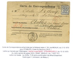 Cachet Encadré K:PR FELDPOST / RELAIS N°58 (Meaux) / Als. N° 6 Sur Carte De Correspondance Pour Etables Cachet D'entrée  - Storia Postale