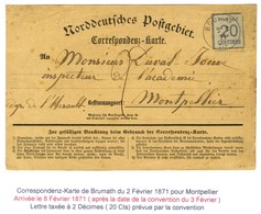 Càd BRUMAT / Als. N° 6 (pd) Sur Carte De Correspondance Pour Montpellier Taxée 2. 1871. - TB. - R. - Covers & Documents