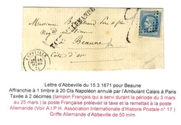 PC Du GC 1 / N° 29 Càd T 17 ABBEVILLE (76) 15 MARS 71 Sur Lettre Pour Beaune, Au Recto TAXE ALLEMANDE (50 Mm) + Taxe Tam - Cartas & Documentos