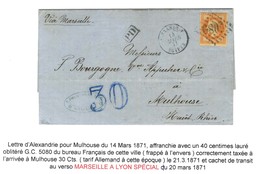 GC 5080 / N° 31 Càd ALEXANDRIE / EGYPTE 14 MARS 71 Sur Lettre Pour Mulhouse, Au Recto Taxe 30 DT Bleue. 1 Des 2 Lettres  - Cartas & Documentos