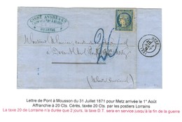 GC 2924 / N° 37 Càd T 17 PONT-A-MOUSSON (52) 31 JUIL. 70 Sur Lettre Pour Metz, Au Recto Très Rare Taxe 20 Bleue (modèle  - Covers & Documents