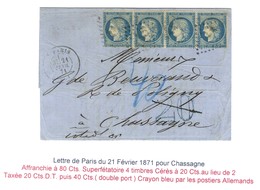 GC 445 / N° 37 Bande De 4 Càd PARIS / BERCY 21 FEVR. 71 Sur Lettre Pour Chassagne, Au Recto Taxe 20 DT Bleue Annulée Et  - Covers & Documents