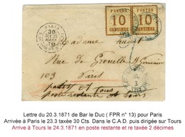 Cachet Bleu KPR FEDPOSTRELAIS / N°13 / Als. N° 5 Paire Sur Lettre De Bar Le Duc Pour Paris Réexpédiée à Tours, Au Recto  - Brieven En Documenten