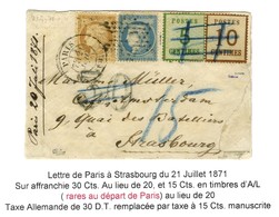Etoile / N° 36 + 37 Càd PARIS (60) 21 JUIL. 71 Sur Lettre Suraffranchie à 30c. Pour Strasbourg + Als. N° 4 + 5 Oblitérés - Brieven En Documenten