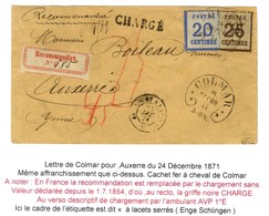 Cachet Fer à Cheval COLMAR 24 DECBR. 71 / Als. N° 6 + 7 Sur Lettre Chargée (étiquette De Recommandation N° 585) Pour Aux - Cartas & Documentos