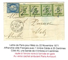 Etoile 1 / N° 60 Càd PARIS / PL. DE LA BOURSE 22 NOV. 71 + Als. N° 4 Bande De 4 Annulés Plume Sur Lettre En Affranchisse - Brieven En Documenten