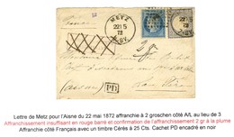 Càd METZ 22 5 72 / All. 2 Groschen (au Lieu De 3) + Losange PC 2° / N° 60 Type I Griffe Rouge AFFRANCHISSEMENT / INSUFFI - Covers & Documents