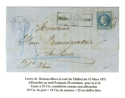 GC 3938 (Le Thillot) / N° 29 à Côté Cachet Bleu Encadré K:PR / FELDPOST-RELAIS N°66 Et Cachet Provisoire POSTES / 1871 / - Guerra De 1870