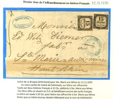 Lettre Avec Texte Daté De Broque Le 12 Novembre 1870 Pour Ste Marie Aux Mines, Au Recto Cachet Bleu De La Mairie De Schi - War 1870