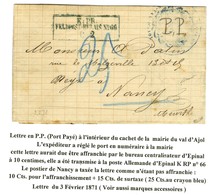 Cachet Encadré K:PR / FELDPOST-RELAIS N°66 + '' P.P. '' Manuscrit à L'intérieur Du Cachet De La Mairie Du Val D'Ajol Pou - Krieg 1870