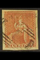 1852 (4d) Brownish Red On Blued Paper, SG 5, Used, Shallow Hinge Thin But Mega Margins! For More Images, Please Visit Ht - Barbades (...-1966)