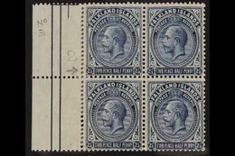 1921-28 2½d Prussian Blue Block Of Four With Sheet Margin At Left, One Stamp Showing The Swan-necked "2" Flaw From Posit - Falkland