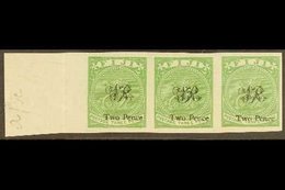 1877 Laid Paper 2d On 3d Yellow-green (as SG 32) IMPERF HORIZONTAL STRIP OF THREE, Ex Printer's Trials, Never Hinged Min - Fidschi-Inseln (...-1970)