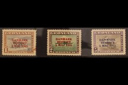 1945 1kr, 2kr, And 5kr  Pictorials Overprinted "DANMARK BEFRIET 5 MAJ 1945", SG 23/25 Or Michel 23/25, Never Hinged Mint - Otros & Sin Clasificación