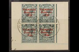 1922-23 4d Grey-green "Saorstat" Overprint, SG 58, Superb Cds Used Right Marginal BLOCK Of 4 On Piece With One Stamp Sho - Autres & Non Classés