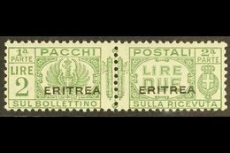 ERITREA PARCEL POST 1927-37 2L Green Overprint (SG P129, Sassone 28), Never Hinged Mint Horizontal Pair, Very Fresh & Sc - Altri & Non Classificati