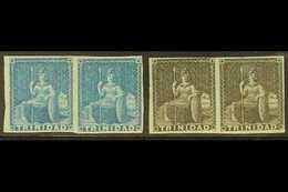 1851-55 (1d) Blue And (1d) Grey Britannia Issue On Blued Paper, SG 3 & 5, Horizontal Pairs With Four Margins, Fine Mint. - Trinidad & Tobago (...-1961)