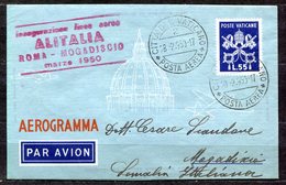 GAX-1 CITTA' DEL VATICANO 1950 PRIMI VOLI Aerogramma L. 55 (Fil. A2) Spedito Il 28.2.1950 Per Mogadiscio In Occasione - Covers & Documents