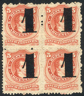 ARGENTINA: GJ.45, 1877 Provisional 1c. On 5c., BLOCK OF 4 Mint With Full Original Gum, The Top Stamps Very Lightly - Andere & Zonder Classificatie