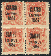 ARGENTINA: GJ.76, 1884 CUATRO C. On 5c., Block Of 4, Mint With Full Original Gum, The Lower Stamps Are MNH, The Top - Sonstige & Ohne Zuordnung