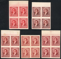 ARGENTINA: GJ.109, 1889 8c. Rivadavia, Trial Color PROOFS, 5 Blocks Of 4 Printed On Card, In Red-rose, Claret-rose, - Sonstige & Ohne Zuordnung