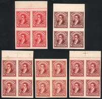 ARGENTINA: GJ.109, 1889 8c. Rivadavia, Trial Color PROOFS, 5 Blocks Of 4 Printed On Card, In Red-rose, Claret-rose, - Other & Unclassified