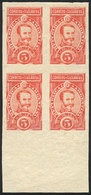 ARGENTINA: GJ.116, 5P. Lamadrid, Proof In Orange-red, Block Of 4 Printed On Thin Paper, Excellent Quality, Rare! - Andere & Zonder Classificatie