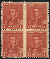 ARGENTINA: GJ.149, 1892 San Martín 1P. With Small Sun Wmk, BRICK RED Color, MNH Block Of 4, Excellent, Catalog Valu - Autres & Non Classés