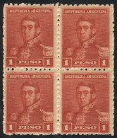 ARGENTINA: GJ.149, 1892 San Martín 1P. With Small Sun Wmk, BRICK RED Color, MNH Block Of 4, Excellent, Catalog Valu - Otros & Sin Clasificación