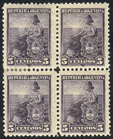 ARGENTINA: GJ.222, 6c. Liberty, PROOF On Purplish Gray, Block Of 4 On Original Paper With Gum And Watermark, Perf 1 - Other & Unclassified