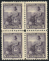 ARGENTINA: GJ.222, 6c. Liberty, PROOF On Purplish Gray, Block Of 4 On Original Paper With Gum And Watermark, Perf 1 - Altri & Non Classificati