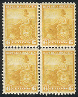 ARGENTINA: GJ.223, 6c. Liberty, PROOF In Dark Yellow, Block Of 4 On Original Paper With Gum And Watermark, Perf 11½ - Altri & Non Classificati