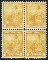 ARGENTINA: GJ.223, 6c. Liberty, PROOF In Dark Yellow, Block Of 4 On Original Paper With Gum And Watermark, Perf 11½ - Otros & Sin Clasificación