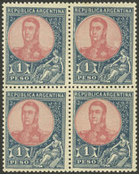ARGENTINA: GJ.299, 1908 1P. San Martín In Oval, Block Of 4 In VERY Dark Blue, Excellent Quality (2 Stamps MNH) - Andere & Zonder Classificatie