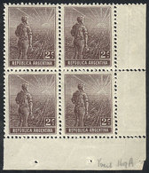 ARGENTINA: GJ.327, 1911 Plowman 2c. With Sun Wmk, Perf 13½, Fantastic Corner Block Of 4, As Fresh And Perfect As Th - Sonstige & Ohne Zuordnung