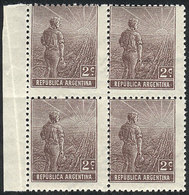 ARGENTINA: GJ.327, 1911 2c. Plowman With Sun Wmk, MNH Block Of 4, Excellent Quality, Very Fresh, With The Gum Appli - Sonstige & Ohne Zuordnung