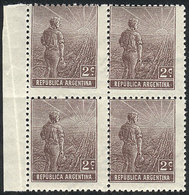 ARGENTINA: GJ.327, 1911 2c. Plowman With Sun Wmk, MNH Block Of 4, Excellent Quality, Very Fresh, With The Gum Appli - Autres & Non Classés