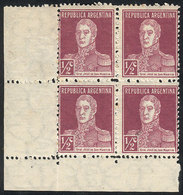 ARGENTINA: GJ.611, ½c. San Martín, RIBBED PAPER, MNH Block Of 4, VF Quality! - Altri & Non Classificati