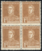 ARGENTINA: GJ.612, 1c. San Martín, RIBBED PAPER, Mint Block Of 4 (bottom Stamps Are MNH), VF Quality! - Sonstige & Ohne Zuordnung