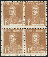 ARGENTINA: GJ.612, 1c. San Martín, RIBBED PAPER, Mint Block Of 4 (bottom Stamps Are MNH), VF Quality! - Otros & Sin Clasificación