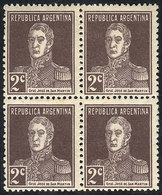 ARGENTINA: GJ.613, Block Of 4 Of 2c. San Martín Printed On RIBBED PAPER, As Fresh And Impeccable As The Day It Was - Altri & Non Classificati