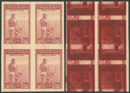 ARGENTINA: GJ.756, 1935 25c. Plowman, PROOF In The Issued Color, Imperf Block Of 4 Printed On Unwatermarked Paper, - Sonstige & Ohne Zuordnung