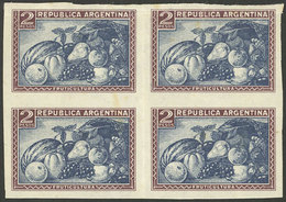 ARGENTINA: GJ.762, 1935 Fruit 2P. PROOF In The Issued Colors, Imperforate Block Of 4 Printed On Unwatermarked Paper - Sonstige & Ohne Zuordnung