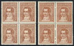 ARGENTINA: GJ.795, 1937 Moreno 5c. Typographed, 2 Blocks Of 4 From Very Different Printings. According To Pettigian - Sonstige & Ohne Zuordnung