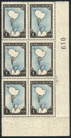 ARGENTINA: GJ.876A, 1P. Map With Antarctica, BLACK FRAME Variety, Fantastic Corner Block Of 6 With Sheet Number, Po - Altri & Non Classificati