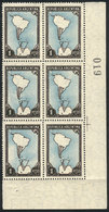 ARGENTINA: GJ.876A, 1P. Map With Antarctica, BLACK FRAME Variety, Fantastic Corner Block Of 6 With Sheet Number, Po - Otros & Sin Clasificación