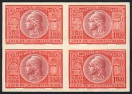 ARGENTINA: GJ.973, 1949 New Constitution, TRIAL COLOR PROOF, Imperforate Block Of 4 In The Adopted Color, VF Qualit - Autres & Non Classés