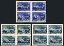 ARGENTINA: GJ.999, 1951 Quinquennial Plan 25c. (Ship And Dolphin), TRIAL COLOR PROOFS, 3 Imperforate Blocks Of 4 Pr - Autres & Non Classés