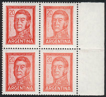 ARGENTINA: GJ.1310, 20P. San Martín, Block Of 4 With VARIETY: Left Stamps In Normal Color, And The Right Stamps In - Otros & Sin Clasificación